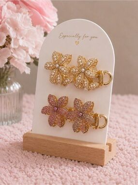 Gold Floral Brooch Set with Pink Crystal and Pearl Accents